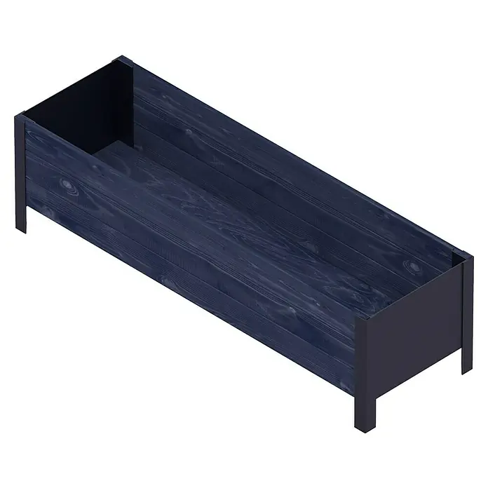 Upyard Macetero para plantas Modernbox Niedrig - 118 x 36 x 32 cm, Madera, Negro - Primer plano detallado de una jardinera de madera azul oscura con vetas claras y formas rectas y modernas.