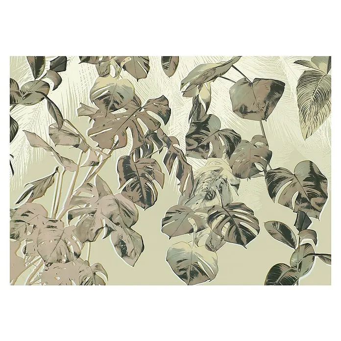 Komar Fototapete Tresor - B x H: 350 x 250 cm, Vlies - Illustration von tropischen Blättern in neutralen Farben, ideal für Wandkunst oder Textildesign.