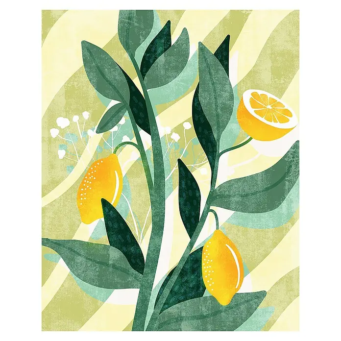 Komar Fototapete Lemon Fresh - B x H: 200 x 250 cm, Vlies - Illustration eines Zitronenbaums mit reifen Zitronen und grünen Blättern vor einem stilisierten Hintergrund.