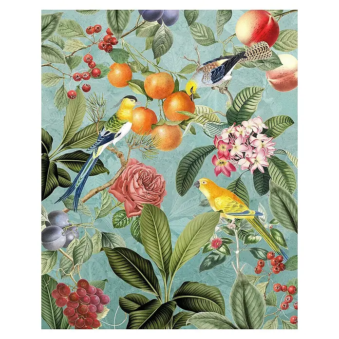 Komar Fototapete Birds and BerriesB x H: 200 x 250 cm, Vlies - Detailreiche Illustration mit Vögeln, Früchten und Blumen auf einem blauen Hintergrund, ideal als dekoratives Element mit Vintage-Flair.