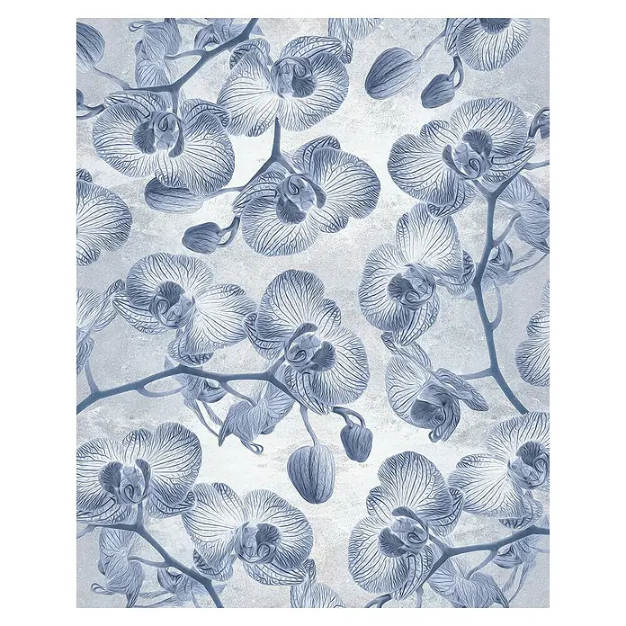 Komar Fototapete Orchidee - B x H: 200 x 250 cm, Vlies - Elegante blau-graue Orchideenblüten auf einem Hintergrund mit sanften Texturen. Perfekt für eine ruhige und stilvolle Atmosphäre.