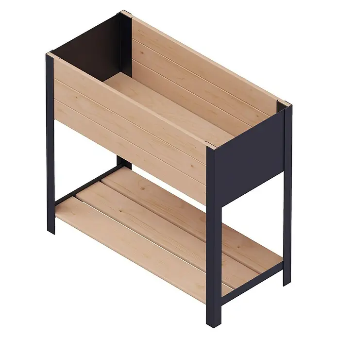 Upyard Huerto Modernbox alto - 78 x 36 x 72 cm, Madera, Marrón - Imagen de un bancal elevado con estructura de tablones de madera y marco de metal gris oscuro, ideal para el jardín.