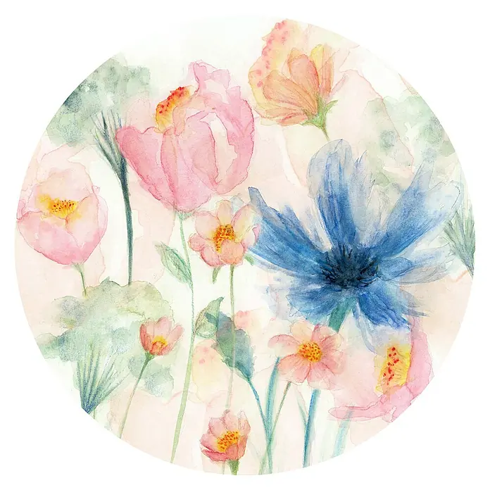 Komar Dots Fototapete rund May128 cm, Selbstklebend - Aquarellblumenkreis mit zarten Blüten in Rosa, Blau und Orange, ein verträumtes und ruhiges Kunstwerk.