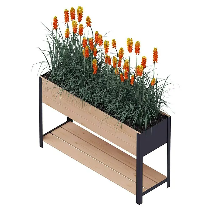 Upyard Hochbeet Modernbox hoch - 118 x 36 x 72 cm, Holz, Braun/Schwarz - Dieses Bild zeigt ein Hochbeet mit leuchtend orangen und gelben Fackellilien, die in einem erhöhten Beetkasten üppig wachsen.