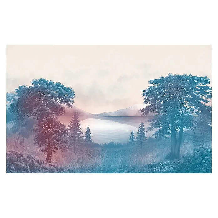 Komar Fototapete ForestlandB x H: 400 x 250 cm, Vlies - Landschaftstapete mit ruhigem See und üppigen Bäumen im Vordergrund, die eine friedliche und natürliche Atmosphäre schafft.