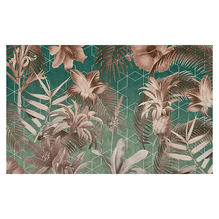 Komar Fototapete Toujours - B x H: 400 x 250 cm, Vlies - Elegantes tropisches Wandbild mit Hibiskusblüten, Palmenblättern und Ananas auf einem geometrischen Hintergrund in Grün- und Brauntönen.