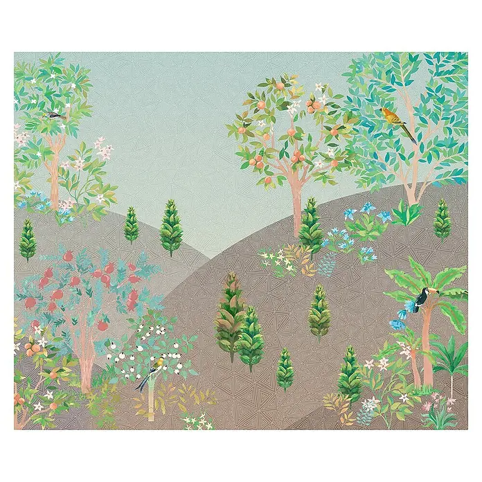 Komar Fototapete Persian GardenB x H: 300 x 250 cm, Vlies - Eine quadratische Illustration mit Bäumen, Büschen und Vögeln, die eine ruhige und natürliche Szene darstellt.