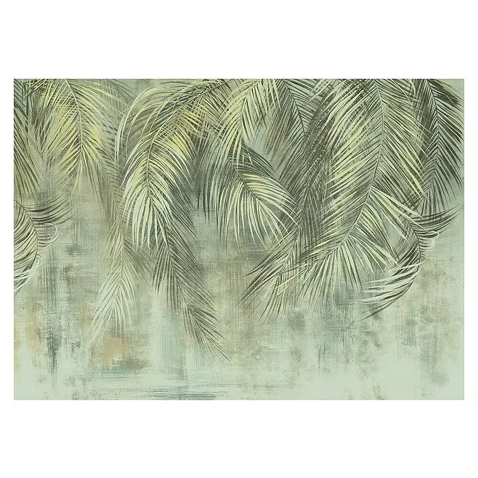 Komar Fototapete Palm FrondsB x H: 350 x 250 cm, Vlies - Eine stimmungsvolle Darstellung von Palmenblättern auf einem Wandbild, das tropische Eleganz und Ruhe in jeden Raum bringt.