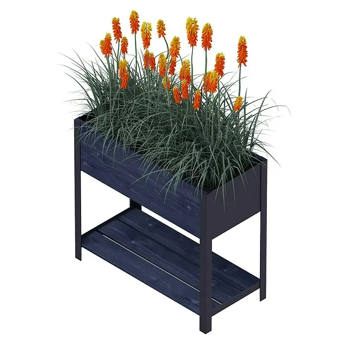 Upyard Hochbeet Modernbox hoch78 x 36 x 72 cm, Holz, Schwarz - Das Produkt ist ein Pflanzkasten auf einem Ständer, der mit bunten Blumen bepflanzt ist. Der Pflanzkasten ist aus dunklem Holz gefertigt.