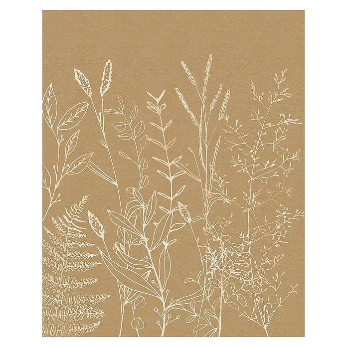 Komar Fototapete Herbs GardenB x H: 200 x 250 cm, Vlies - Zarte, weiße Pflanzenzeichnungen auf braunem Papier bilden ein elegantes und schlichtes florales Kunstwerk.
