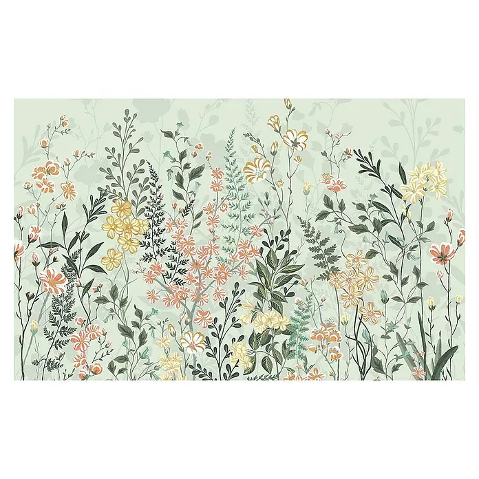Komar Fototapete Hay MeadowB x H: 400 x 250 cm, Vlies - Elegantes florales Wandbild mit zarten Blumen und Blättern in sanften Farben. Perfekt, um jedem Raum eine natürliche und beruhigende Note zu verleihen.