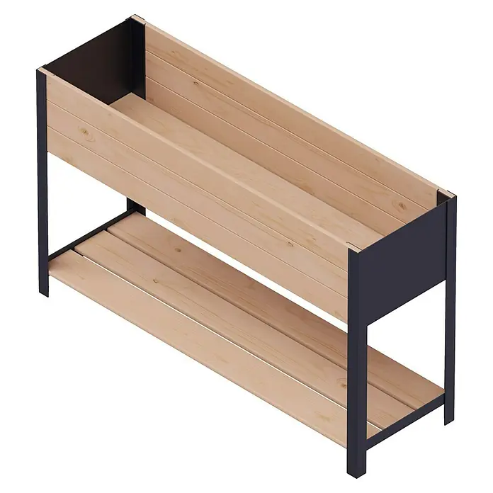 Upyard Huerto Modernbox alto - 118 x 36 x 72 cm, Madera, Marrón/Negro - La imagen muestra una jardinera con un estante de madera y un marco gris oscuro sobre un fondo negro.