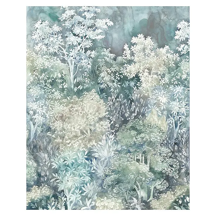 Komar Fototapete Foret EnchantéeB x H: 200 x 250 cm, Vlies - Aquarelldarstellung eines dichten Waldes mit filigranen Bäumen und üppigem Laub in sanften Blau- und Grüntönen.