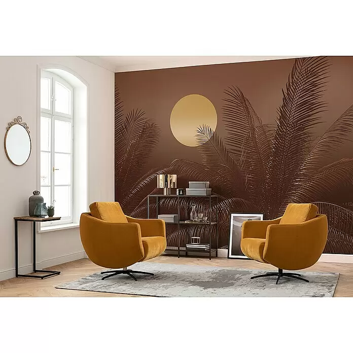 Komar Fototapete Calypso - B x H: 350 x 250 cm, Vlies - Zwei senfgelbe Samt-Drehsessel in einem modernen Wohnzimmer auf einem grauen Teppich.