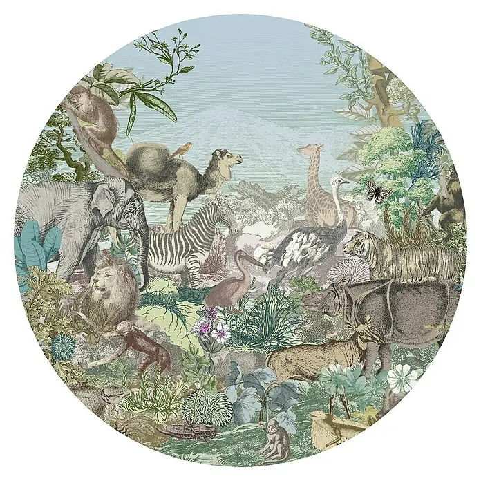 Komar Dots Fototapete rund Animal Kingdom - 128 cm, Selbstklebend - Tierische Welt Tapete mit Elefant, Zebra, Tiger, Giraffe und vielen weiteren Tieren auf dem Naturhintergrund in einem Kreis.