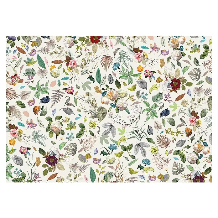 Komar Fototapete Les quatre Saisons - B x H: 350 x 250 cm, Vlies - Florales Muster mit Blumen und Blättern in verschiedenen Farben und Formen für eine dekorative und lebendige Oberfläche.
