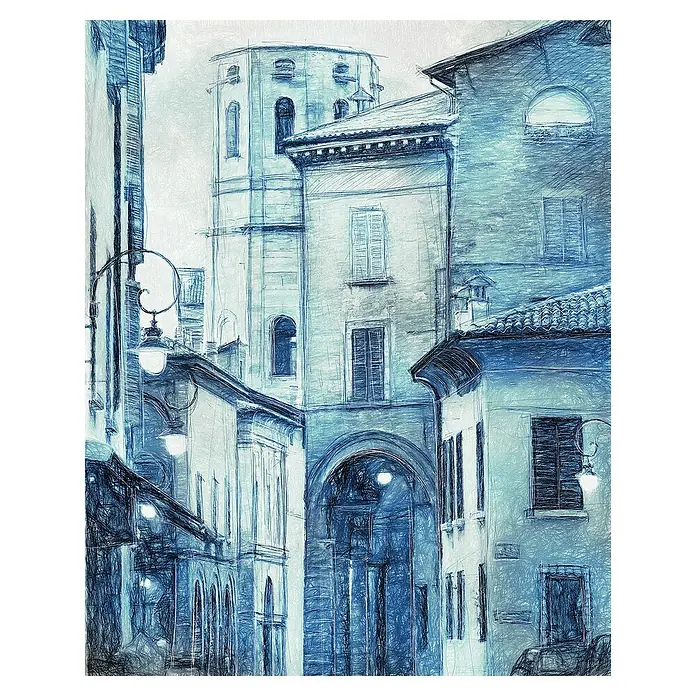 Komar Fototapete Emilia - B x H: 200 x 250 cm, Vlies - Die blaue Gebäude-Bleistiftzeichnung fängt die Essenz italienischer Architektur ein und zeigt filigrane Details und künstlerische Finesse.