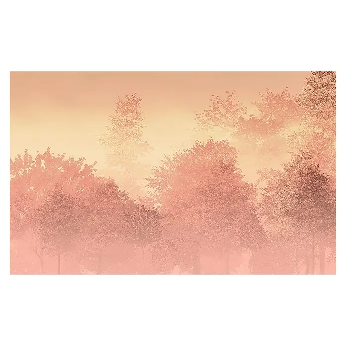 Komar Fototapete Heartwood - B x H: 400 x 250 cm, Vlies - Sanfter Nebel umhüllt Bäume in einem verträumten Wald, wobei zarte Farbtöne eine ruhige und malerische Szene ergeben.