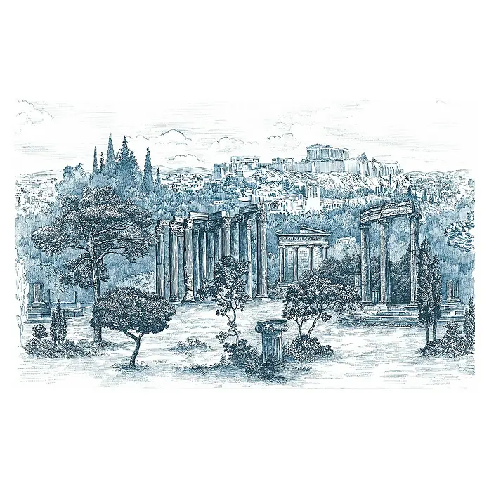 Komar Fototapete Ruins - B x H: 400 x 250 cm, Vlies - Blaue Zeichnung der Akropolis von Athen mit Säulen, Bäumen und Ruinen im Vordergrund, die eine historische Szene darstellt.