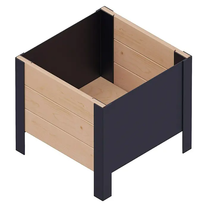 Upyard Pflanzkasten Modernbox niedrig - 36 x 36 x 32 cm, Holz, Braun/Schwarz - Bild eines modernen quadratischen Hochbeets mit Holzseiten und einem dunklen Rahmen, ideal für den Garten.