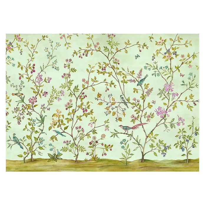 Komar Fototapete Oiseaux du Paradis - B x H: 350 x 250 cm, Vlies - Hintergrundbild mit floralem Chinoiserie-Muster, mit zarten Blumen, Blättern und Vögeln auf einem hellgrünen Hintergrund, der Eleganz ausstrahlt.