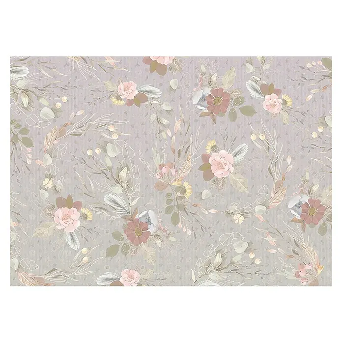 Komar Fototapete Endless Spring - B x H: 350 x 250 cm, Vlies - Elegantes florales Muster-Design. Zarte Blumen und Blätter in sanften Farben verleihen diesem Hintergrund eine ruhige und stilvolle Note.