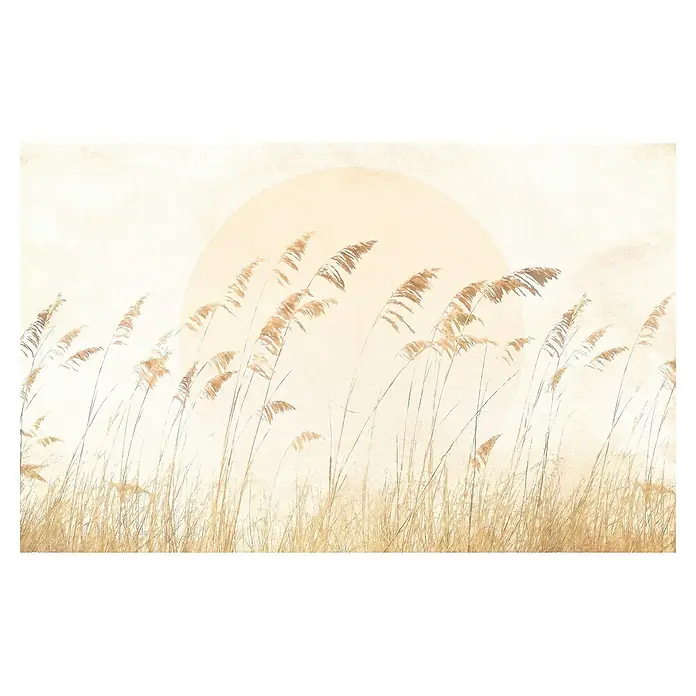 Komar Fototapete Dune Grass - B x H: 400 x 250 cm, Vlies - Ästhetische Darstellung von Dünengras im Wind mit einer sanften, abstrakten Sonne im Hintergrund, ideal für eine ruhige Wanddekoration.