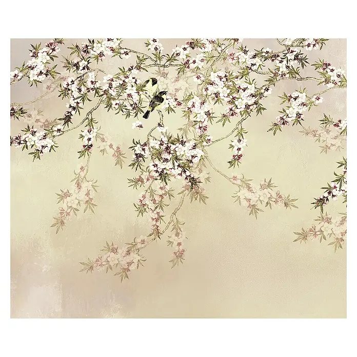 Komar Fototapete Love Birds - B x H: 200 x 250 cm, Vlies - Zarter Wandschmuck: Blütenzweige mit Vögeln auf beigem Grund. Eine elegante Dekoration für ein stilvolles Ambiente mit floralem Muster.