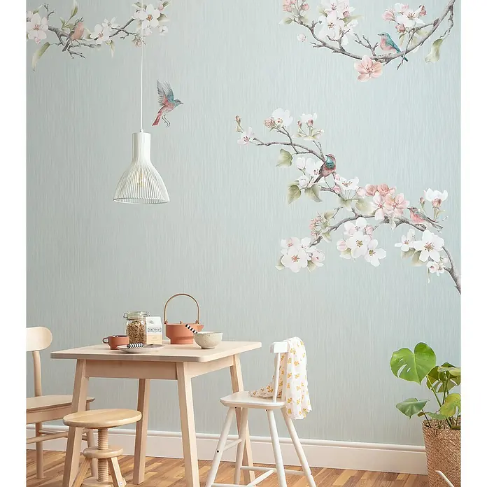 Komar Fototapete Apple Bloom - B x H: 200 x 250 cm, Vlies - Skandinavischer Esstisch aus hellem Holz, perfekt für kleine Räume, mit passenden Stühlen und Hockern. Schafft eine gemütliche Atmosphäre.