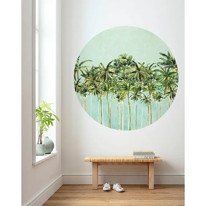 Komar Dots Fototapete rund Coconut Trees - 128 cm, Selbstklebend - Wanddeko mit Palmenmotiv in Kreisform. Eine stilvolle Wanddekoration, die jedem Raum einen Hauch von tropischer Atmosphäre verleiht.