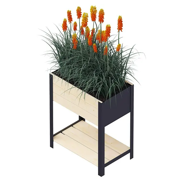 Upyard Hochbeet Modernbox hoch - 58 x 36 x 72 cm, Holz, Natur/Schwarz - Diese Aufnahme zeigt einen erhöhten Pflanzenkasten aus Holz und Metall mit leuchtend orangen Blüten und grünen Gräsern.