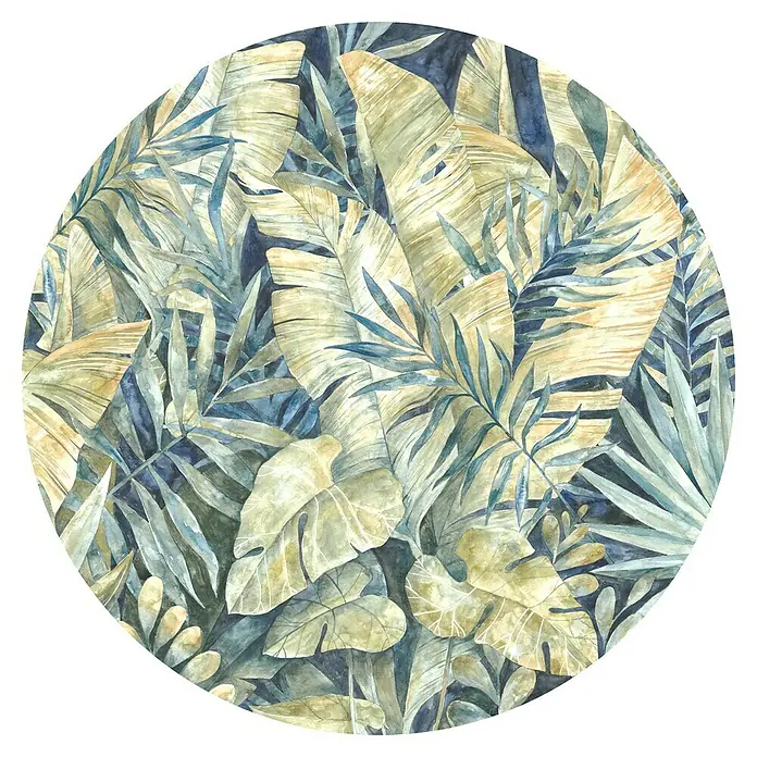 Komar Dots Fototapete rund Feuilles Tropicales - 128 cm, Selbstklebend - Tropischer Wandteppich mit einem faszinierenden Muster aus üppigen, aquarellartigen Blättern in Gelb- und Blautönen.