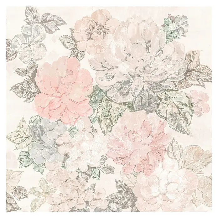 Komar Fototapete Gardenia - B x H: 200 x 250 cm, Vlies - Ein florales Muster mit zarten Rosen und Blättern in sanften Rosa-, Grau- und Grüntönen, ideal für eine romantische und ruhige Atmosphäre.