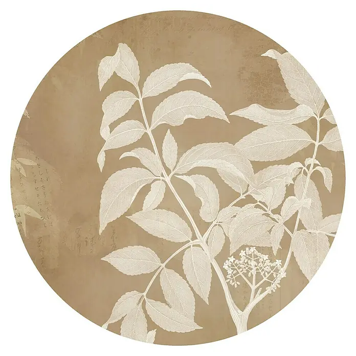 Komar Dots Fototapete rund Blooming Branch - 128 cm, Selbstklebend - Runde Wanddeko mit beigem Hintergrund und botanischem Muster, ideal für eine elegante Raumgestaltung.