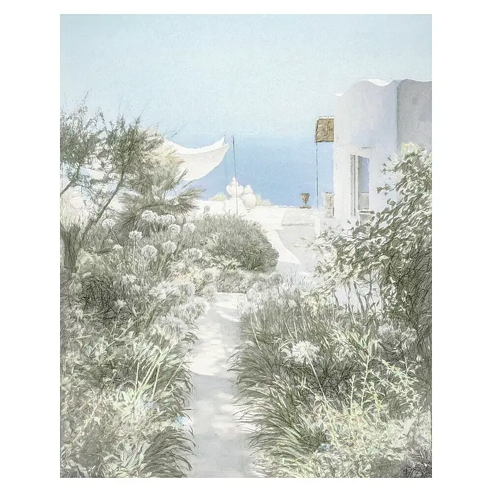 Komar Fototapete Côte d'Azur - B x H: 200 x 250 cm, Vlies - Malerische Küstenszene mit einem Pfad, der zu einem weißen Gebäude führt, umgeben von üppiger Vegetation und dem blauen Meer im Hintergrund.