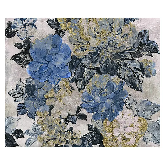 Komar Fototapete Chérie - B x H: 300 x 250 cm, Vlies - Kunstvolles Blumenmuster mit blauen und goldenen Akzenten, ideal für eine elegante Wanddekoration, die jedem Raum eine luxuriöse Note verleiht.