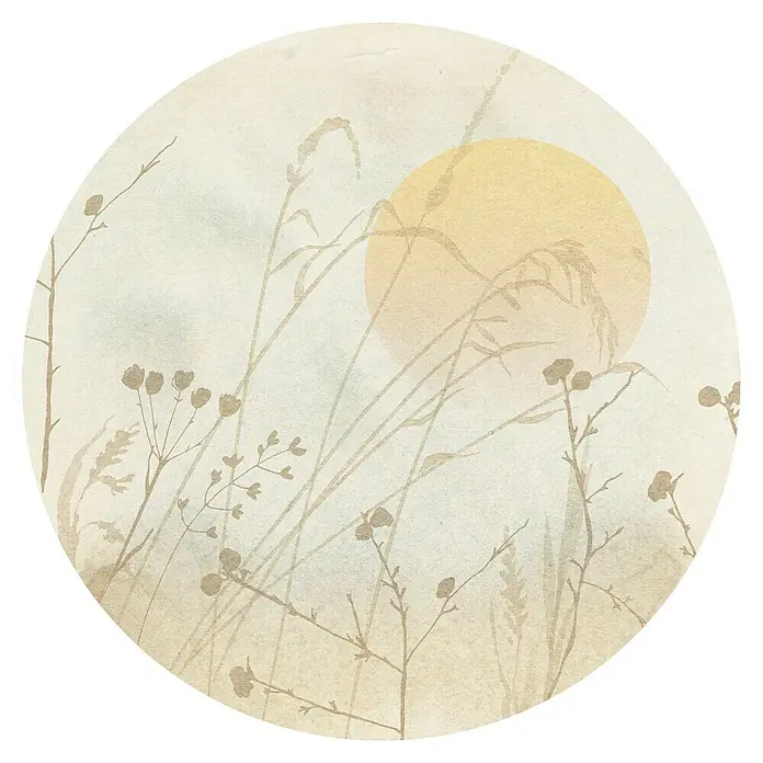 Komar Dots Fototapete rund Roseau - 128 cm, Selbstklebend - Illustration einer Graslandschaft mit einer gelben Sonne im Hintergrund, die eine ruhige und natürliche Atmosphäre schafft.