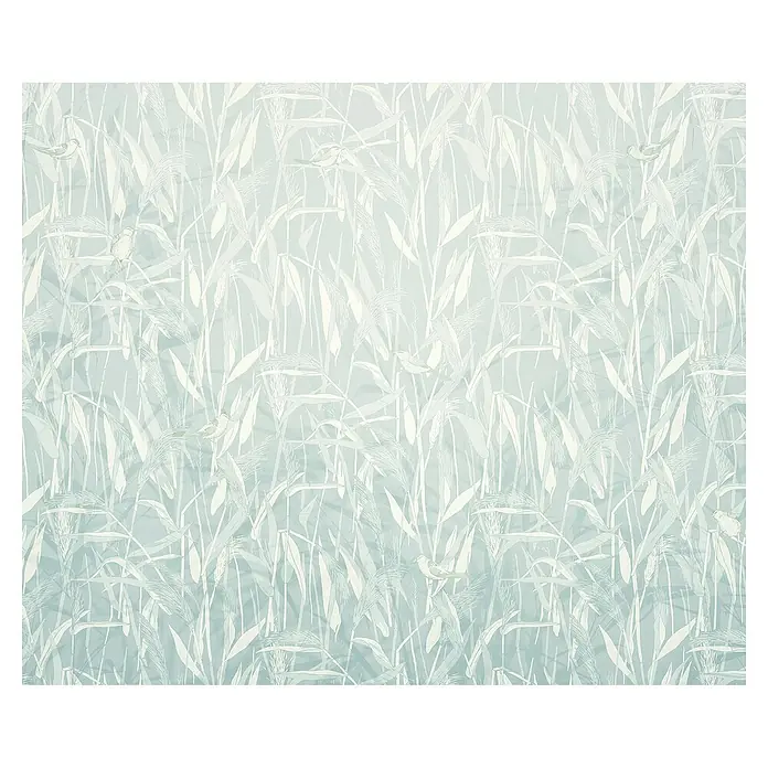 Komar Fototapete Reed - B x H: 300 x 250 cm, Vlies - Zartes, hellblaues Tapetenmuster mit filigranen weißen Gräsern und kleinen Vögeln für eine ruhige, natürliche Atmosphäre im Raum.