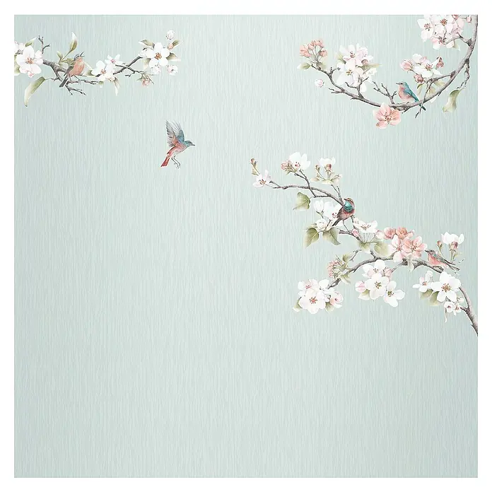Komar Fototapete Apple Bloom - B x H: 200 x 250 cm, Vlies - Zartes Wandbild mit Vogelmotiven und blühenden Zweigen, ideal für eine ruhige Raumatmosphäre.
