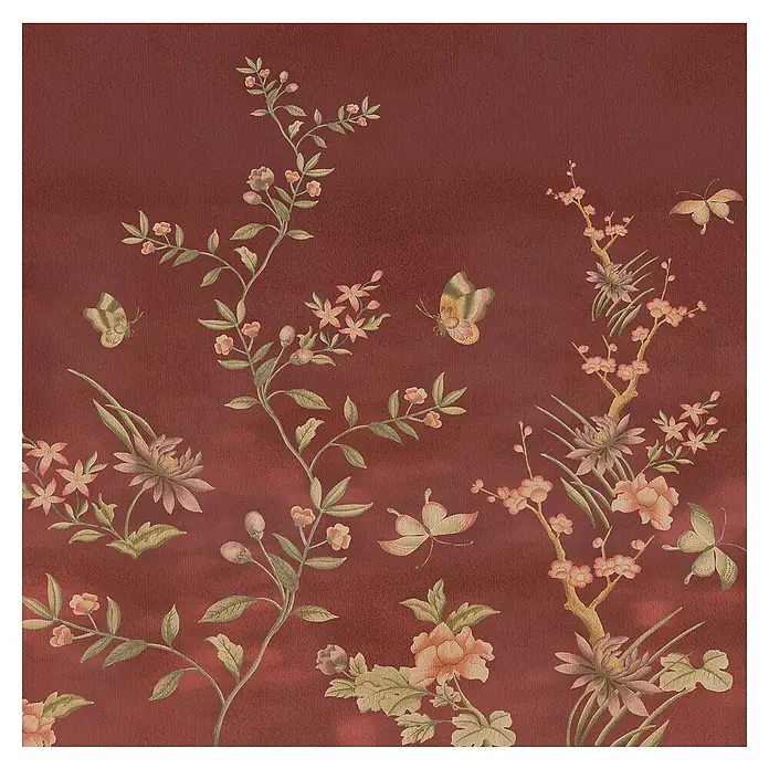 Komar Fototapete Chinoiserie - B x H: 200 x 250 cm, Vlies - Elegante Wanddeko: Detailreiche florale Muster mit zarten Blüten und verspielten Schmetterlingen auf tiefrotem Grund.