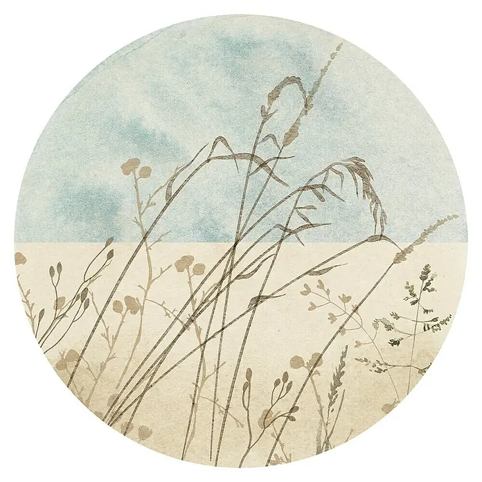 Komar Dots Fototapete rund Gazon - 128 cm, Selbstklebend - Aquarell-Kunstdruck mit detailreichen Gräsern und Blumen, der eine ruhige und natürliche Atmosphäre schafft. Perfekt für jede Wand.