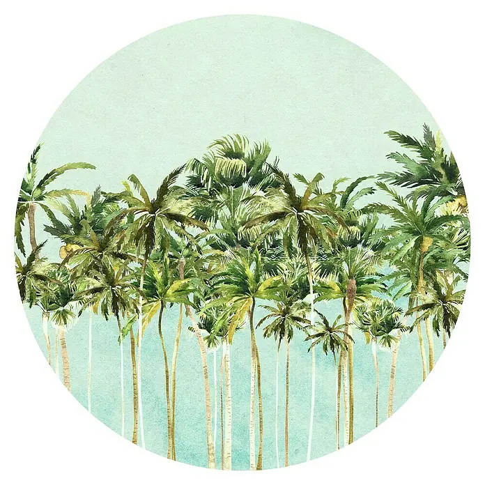 Komar Dots Fototapete rund Coconut Trees - 128 cm, Selbstklebend - Rundes Bild mit einem tropischen Palmenmuster vor einem hellblauen Hintergrund, ideal für Sommer- oder Urlaubsdekorationen.