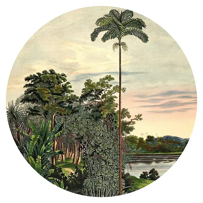 Komar Dots Fototapete rund Vintage Landscape128 cm, Selbstklebend - Tropische Landschaft mit majestätischer Palme und üppiger Vegetation, die die ruhige Schönheit der Natur einfängt.