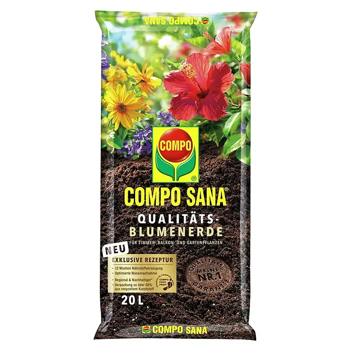Compo Sana Blumenerde für Zimmer-, Balkon- & Gartenpflanzen - 20 l - Eine Packung COMPO SANA Qualitäts-Blumenerde für Zimmer-, Balkon- und Gartenpflanzen mit exklusiver Rezeptur und 20 Litern Inhalt.