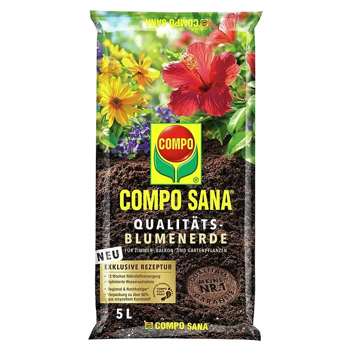 Compo Sana Blumenerde für Zimmer-, Balkon- & Gartenpflanzen - 5 l - COMPO SANA Qualitäts-Blumenerde für Zimmer-, Balkon- und Gartenpflanzen, 5L Packung mit Blumenabbildung.