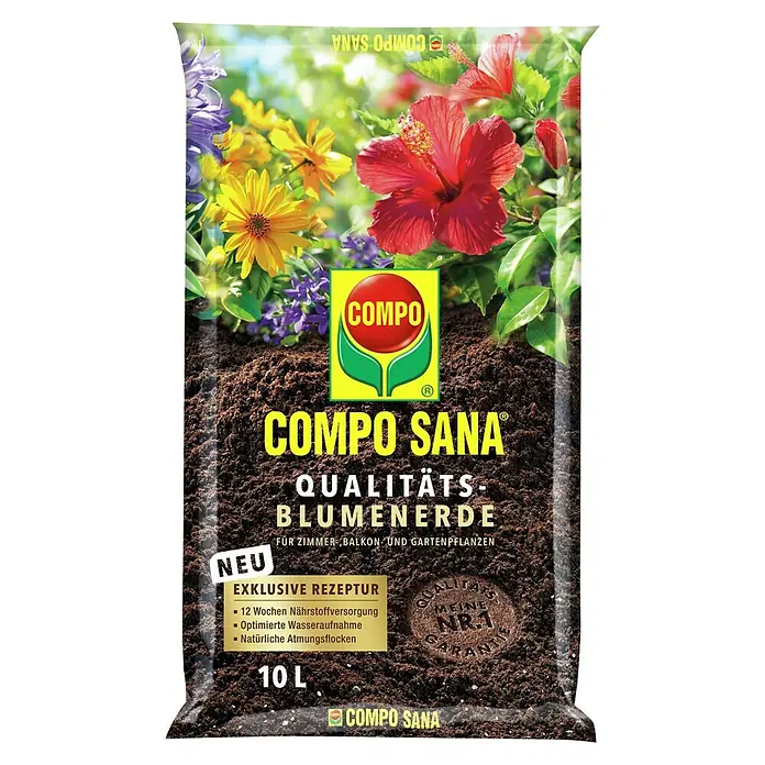 Compo Sana Blumenerde für Zimmer-, Balkon- & Gartenpflanzen - 10 l - COMPO SANA Qualitäts-Blumenerde für Zimmer-, Balkon- und Gartenpflanzen im 10L Sack, neue exklusive Rezeptur mit 12 Wochen Nährstoffversorgung.