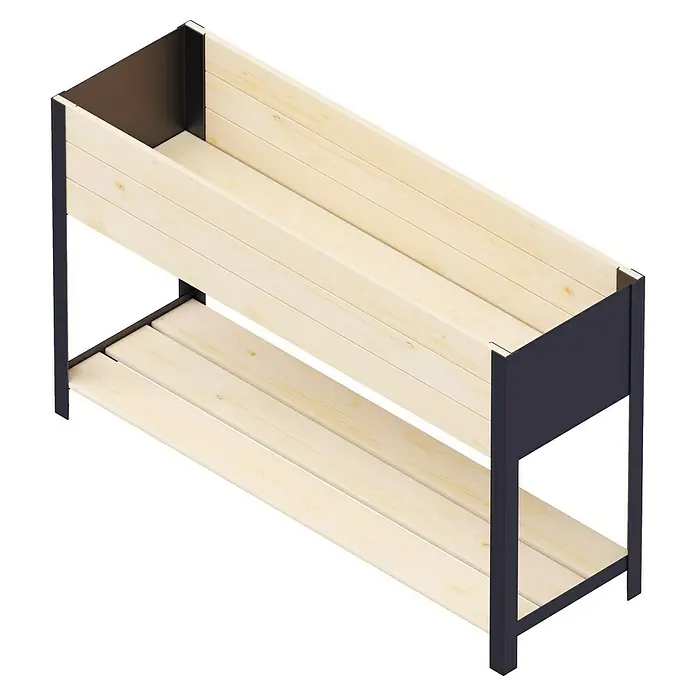 Upyard Huerto Modernbox alto - 118 x 36 x 72 cm, Madera, Natural/Negro - Jardinera de madera con estructura. La jardinera es de madera clara y tiene una estructura oscura.