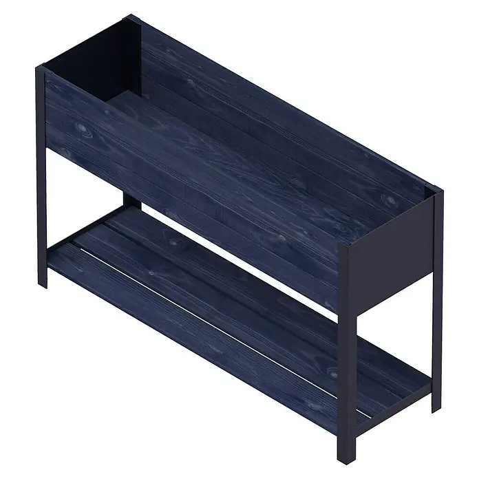 Upyard Huerto Modernbox alto - 118 x 36 x 72 cm, Madera, Negro - Primer plano de una estantería de madera azul con dos estantes, que ofrece un almacenamiento versátil y complementa diversos estilos de decoración.