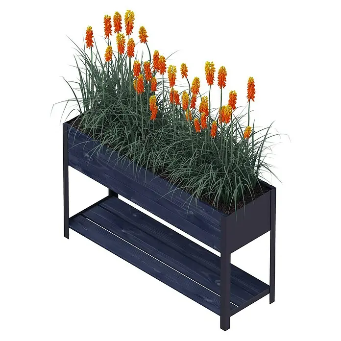 Upyard Hochbeet Modernbox hoch - 118 x 36 x 72 cm, Holz, Schwarz - Hochbeet mit blühenden Fackellilien in Orange und Gelb, ideal für Garten, Terrasse oder Balkon, bietet Platz für Pflanzen und Dekorationen.
