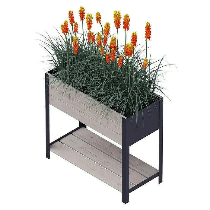 Upyard Hochbeet Modernbox hoch78 x 36 x 72 cm, Holz, Grau - Blumenkasten mit Holzregal für den Innen- oder Außenbereich, bepflanzt mit Fackellilien. Ideal für Terrasse und Garten.